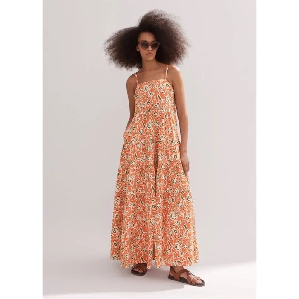 ME+EM Floral Tiered Maxi Dress 8 Orange Cream Cotton Sleeveless Resort Wear